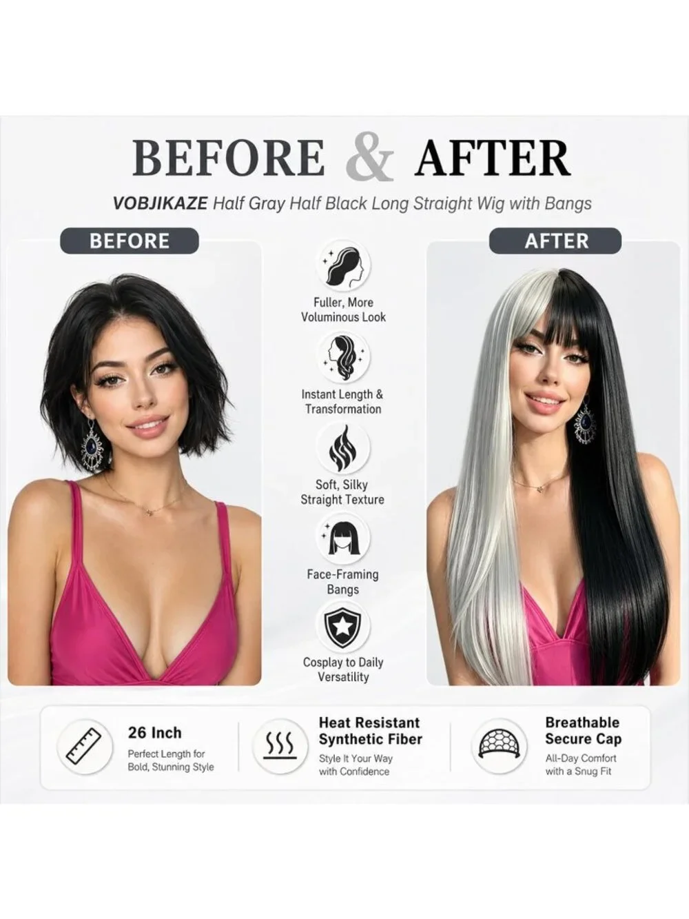 Women's Grey Black 26 Inch Heat Resistant Synthetic Long Straight Wigs Bangs